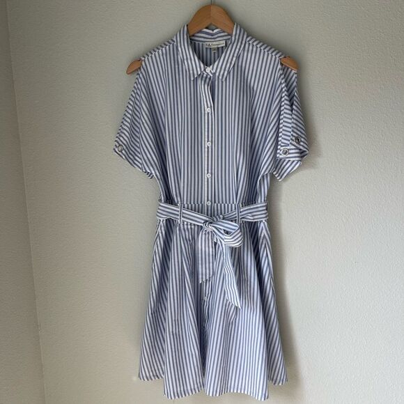 Neiman Marcus Striped Tie Waist Shirt Dress in Blue/White - Picture 1 of 9